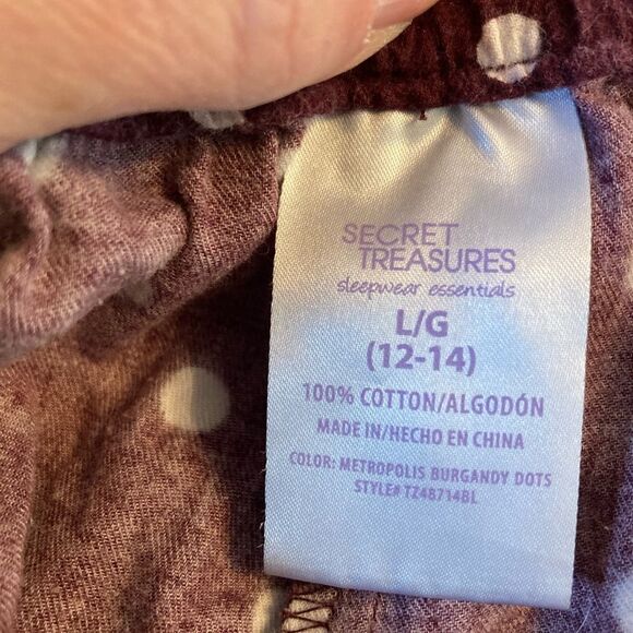 Plum polka dot flannel pj pants w/pockets and elastic drawstring waist sz 12-14 - Picture 6 of 7